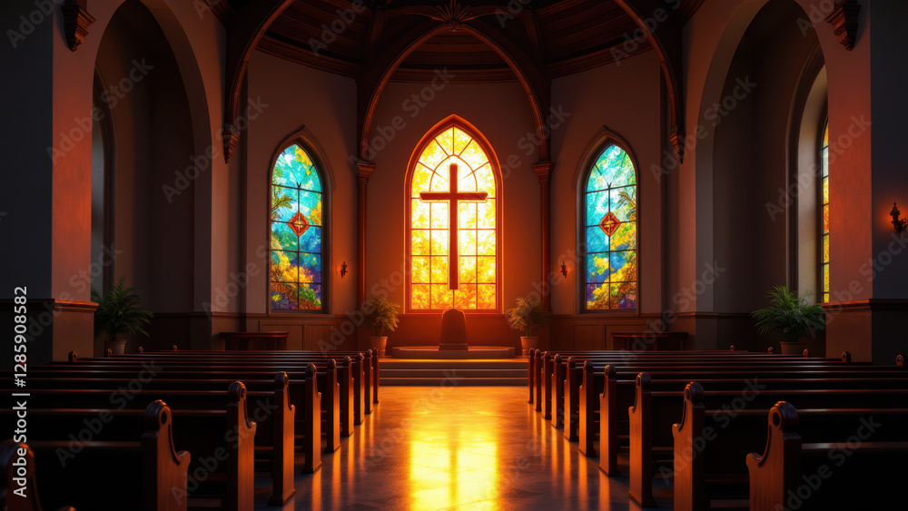 Fototapeta premium Empty church sanctuary with stained glass windows allowing natural light to stream into the room.