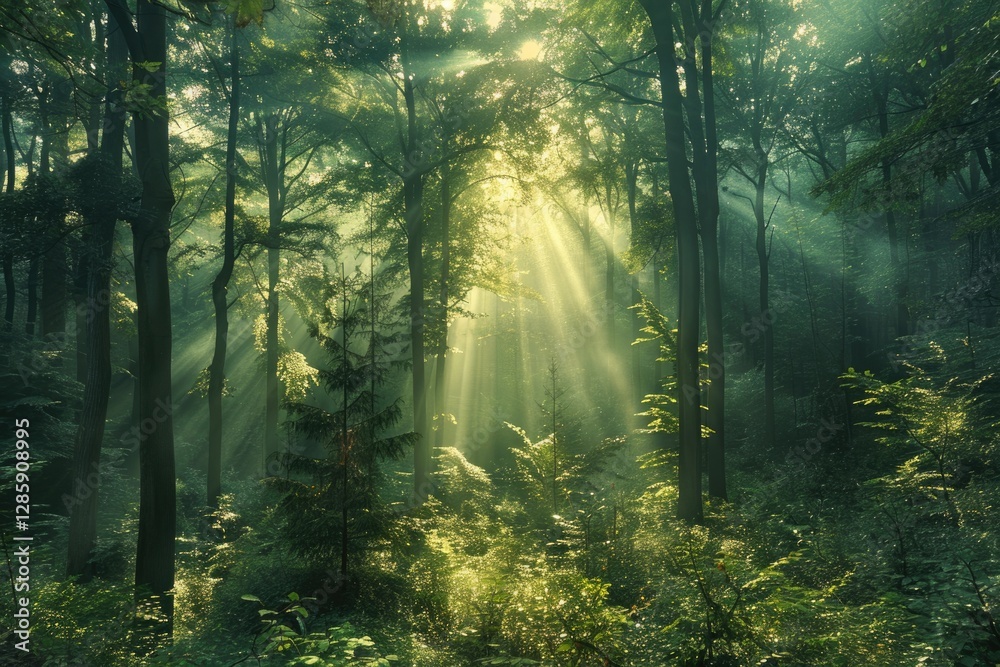 Fototapeta premium Sunbeams pierce a misty green forest, illuminating the lush undergrowth and tall trees.