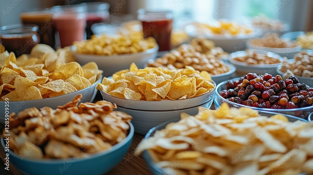 Fototapeta premium Assorted snacks in bowls on a table, drinks in background
