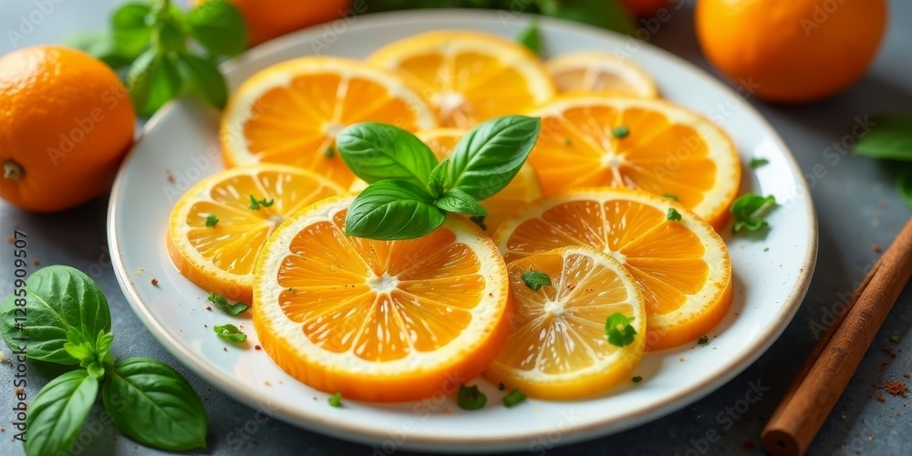 Refreshing citrus slices arranged on a plate with fresh basil garnish Refreshing citrus slices arranged on a plate with fresh basil garnish