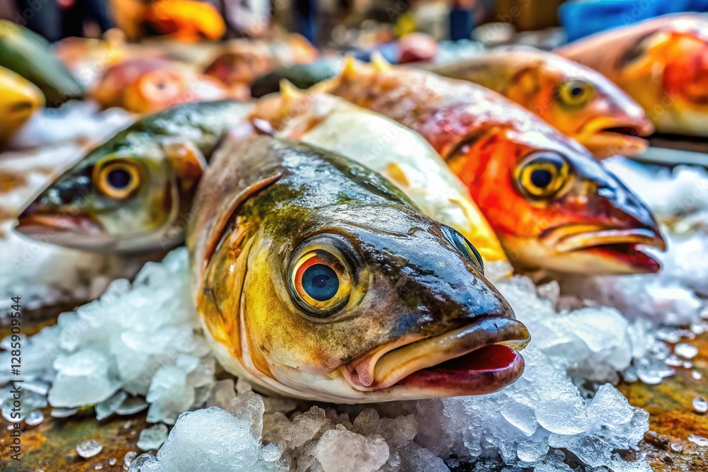 Close-up of Spoiled Fish on Ice at a Fish Market Stall Close-up of Spoiled Fish on Ice at a Fish Market Stall