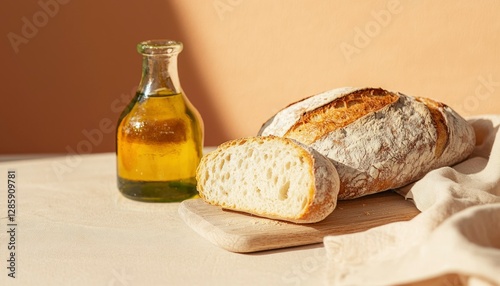 Sliced sourdough bread and olive oil on wooden board in sunlight