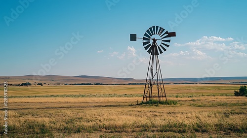 Windmill Standing Tall in Golden Field Under Sunny Blue Sky