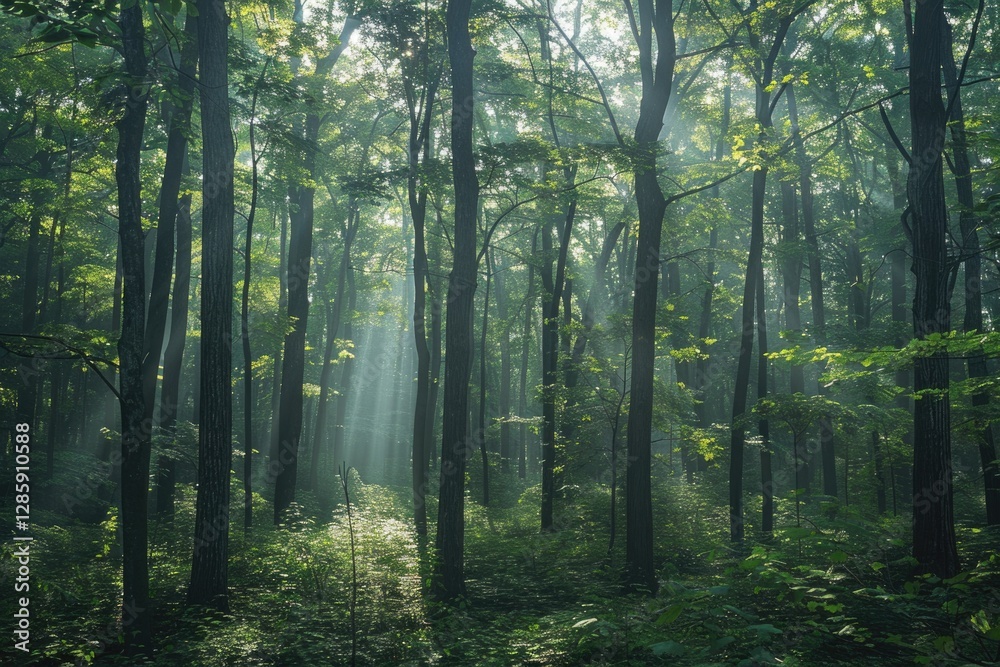 Obraz premium Sunbeams pierce a misty green forest, illuminating the path through tall trees and lush undergrowth.