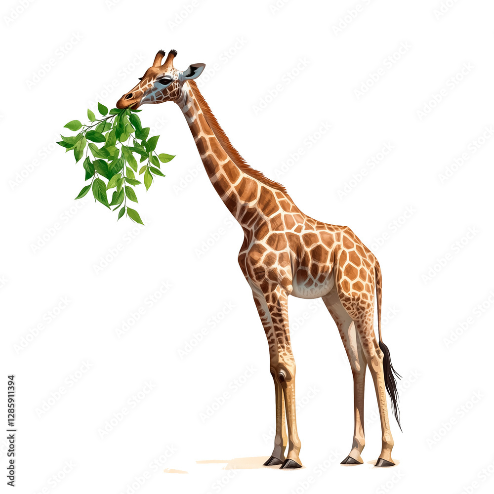 Naklejka premium Giraffe eating green leaves on transparent background