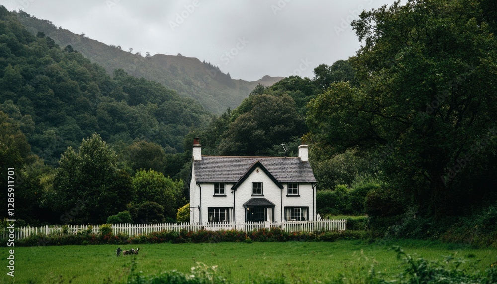Fototapeta premium White cottage in green valley with forested hills, ideal for real estate or travel ads