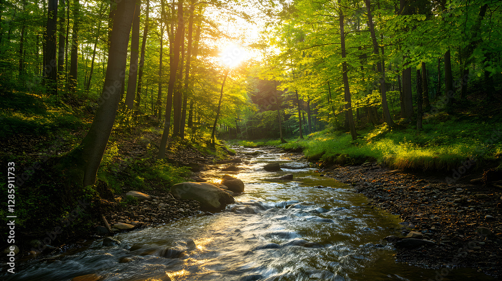 Obraz premium Beautiful summer forest landscape with a clear stream and sunrays shining through the trees