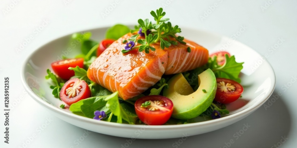 Delicious salmon fillet atop a vibrant green salad with ripe cherry tomatoes and avocado slices, garnished with edible flowers Delicious salmon fillet atop a vibrant green salad with ripe cherry tomatoes and avocado slices, garnished with edible flowers