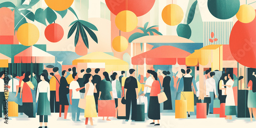 Vibrant marketplace alive with colorful textiles, exotic goods, smiling shoppers enjoying bustling stalls