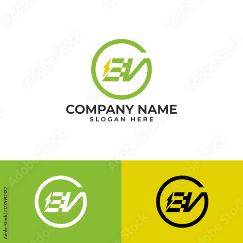 circular EV logo with integrated lightning symbol. Suggests electric power, speed, or forward-thinking technology. Minimalist vector, ideal for electric vehicle companies, charging stations,