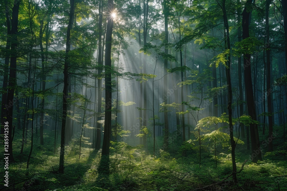 Fototapeta premium Sunbeams pierce through a misty forest, illuminating lush green foliage and tall trees.