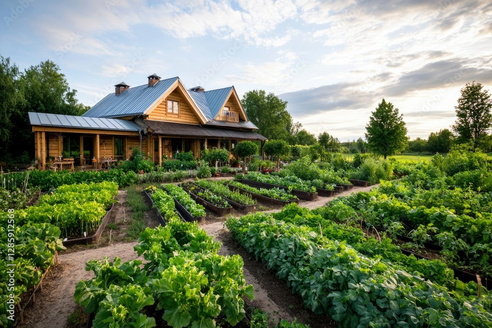 Wooden house with beautiful garden at sunset, ideal for real estate or lifestyle Wooden house with beautiful garden at sunset, ideal for real estate or lifestyle