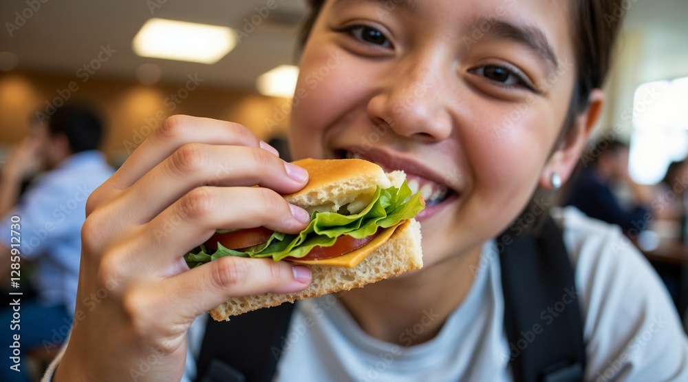 Smiling student enjoying a burger in a school cafeteria Smiling student enjoying a burger in a school cafeteria