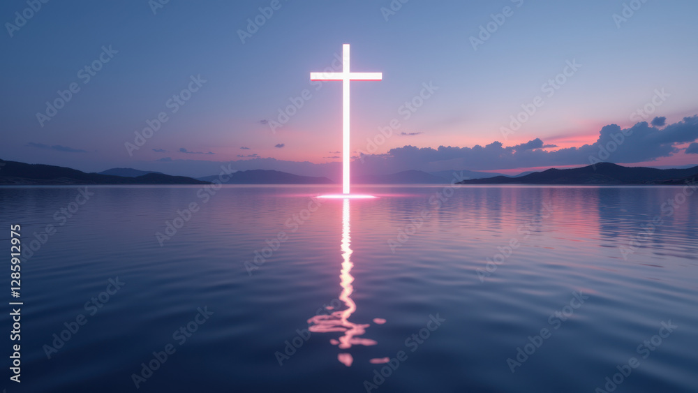 Naklejka premium Christian cross on a body of water at sunset.