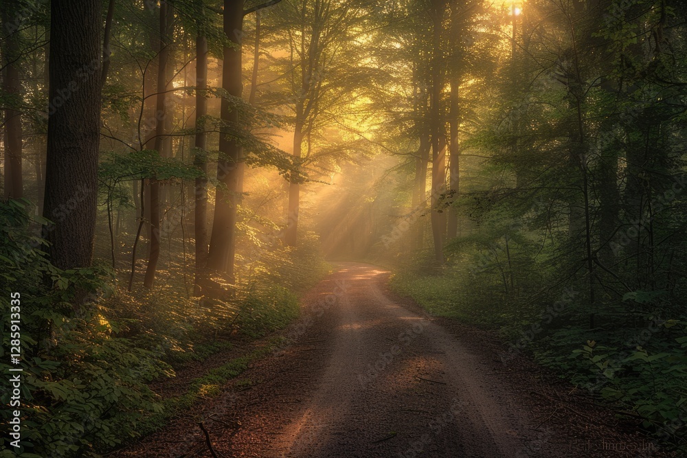 Sunbeams pierce the misty forest, illuminating a path winding through tall trees and lush undergrowth. Sunbeams pierce the misty forest, illuminating a path winding through tall trees and lush undergrowth.