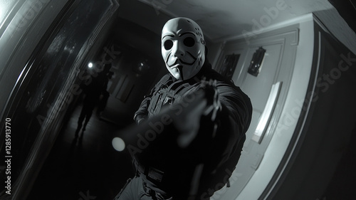 In a night vision fisheye surveillance image, a fully armed killer wearing a white Michael Myers mask stares directly at the camera, his face partially illuminated by the eerie green light.