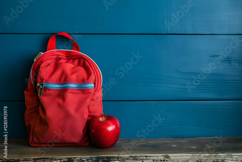 A vibrant red backpack sits next to a shiny apple on a rustic wooden surface against a blue wall