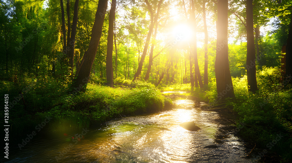 Obraz premium Beautiful summer forest landscape with a clear stream and sunrays shining through the trees