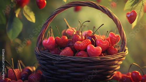 A basket of heart-shaped fruits, like strawberries and cherries
