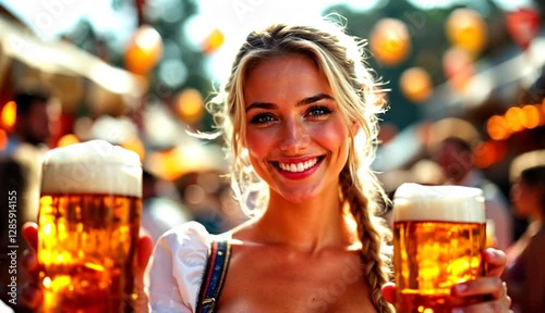 A blonde German woman in traditional Bavarian attire smiles with beer mugs at Oktoberfest, surrounded by festive energy.

