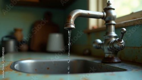 A vintage kitchen faucet with a slow drip of water into a worn sink