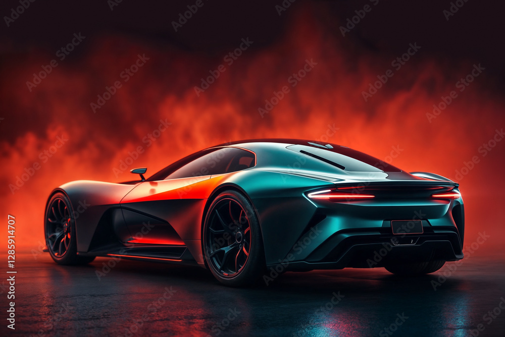 Naklejka premium Sleek sports car illuminated against a dramatic red and black backdrop in a studio setting