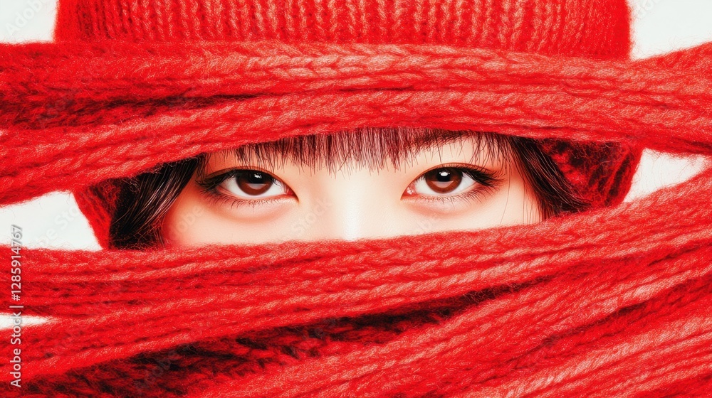 Cozy winter fashion portrait with red knit scarf hat Cozy winter fashion portrait with red knit scarf hat