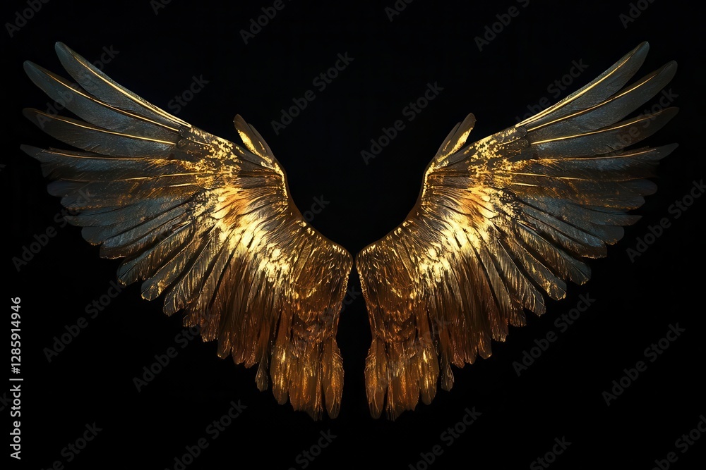 metallic gold wings radiating light photographed against deep black background with dramatic shadows
