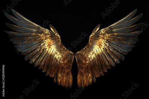 metallic gold wings radiating light photographed against deep black background with dramatic shadows