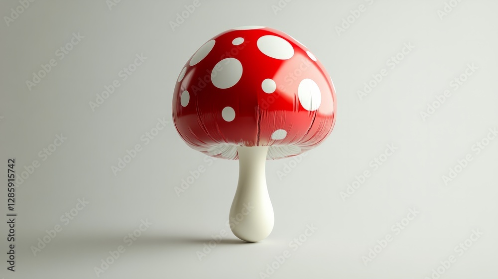 A 3D model of a balloon shaped like a mushroom, red cap with white dots, floating gently on a white background with soft lighting A 3D model of a balloon shaped like a mushroom, red cap with white dots, floating gently on a white background with soft lighting
