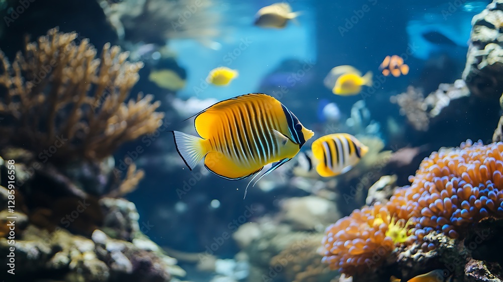 Naklejka premium Vibrant orange and blue fish swimming amidst coral reef.