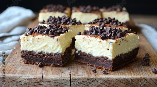 Wallpaper Mural Delicious Chocolate Chip Cheesecake Brownie Squares on Rustic Wooden Board Torontodigital.ca