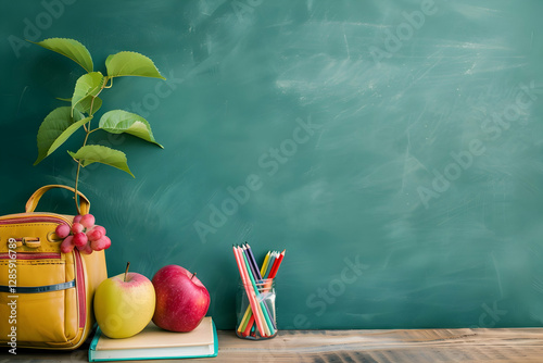 Fototapeta Naklejka Na Ścianę i Meble -  Colorful school supplies and fruits arranged on a desk with a green chalkboard background