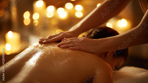 Wallpaper Mural A young European woman enjoys a relaxing massage at the spa while the skillful hands of a therapist gently treat her skin in candlelight and a cozy atmosphere, beauty and wellness industry. Torontodigital.ca