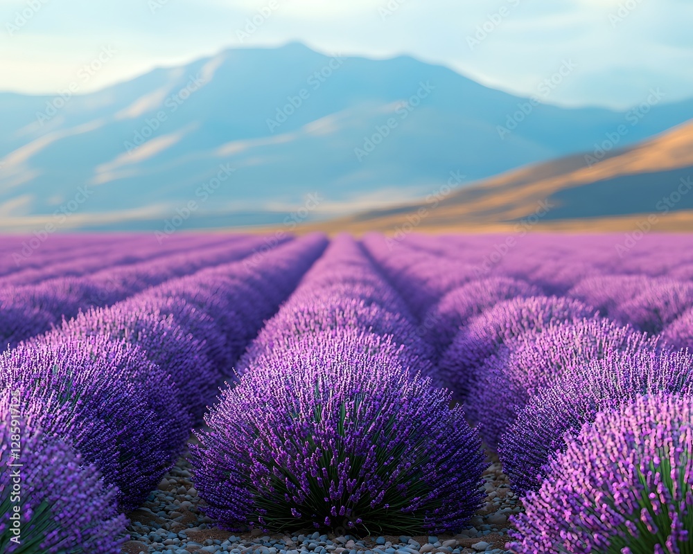 Obraz premium Endless Lavender Field Under Bright Blue Sky Filling Air with Calm and Beauty
