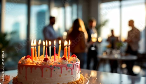 A cheerful birthday celebration in a modern office with a decorated cake and city views.


