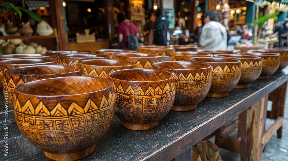 Fototapeta premium Handcrafted Wooden Bowls with Ethnic Design at Outdoor Market Stall