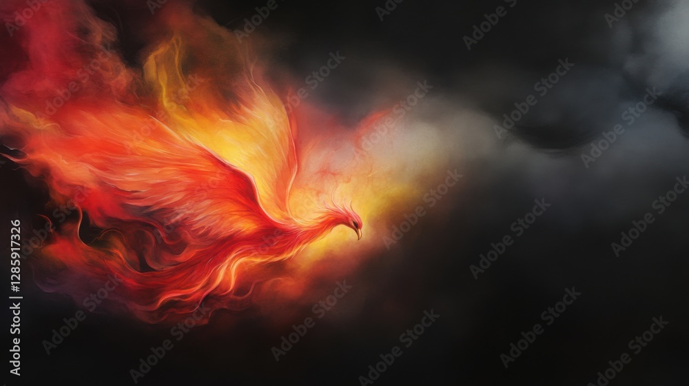 Fototapeta premium Majestic Phoenix Rising from Flames with Fiery Plumage in Darkness