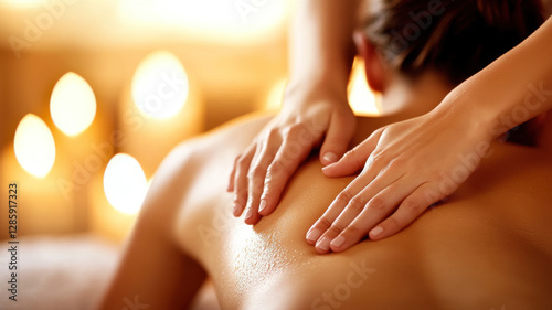 Wallpaper Mural A young European woman enjoys a relaxing massage at the spa while the skillful hands of a therapist gently treat her skin in candlelight and a cozy atmosphere, beauty and wellness industry. Torontodigital.ca