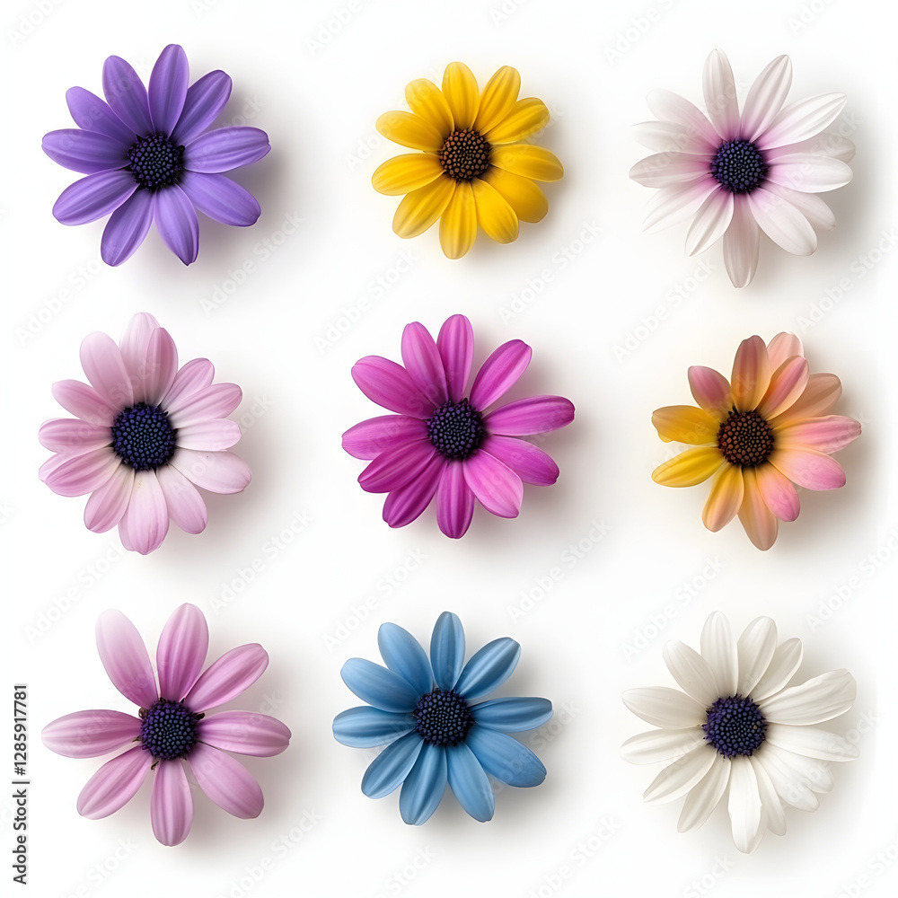 A set of colorful daisy flowers isolated on a white background A set of colorful daisy flowers isolated on a white background