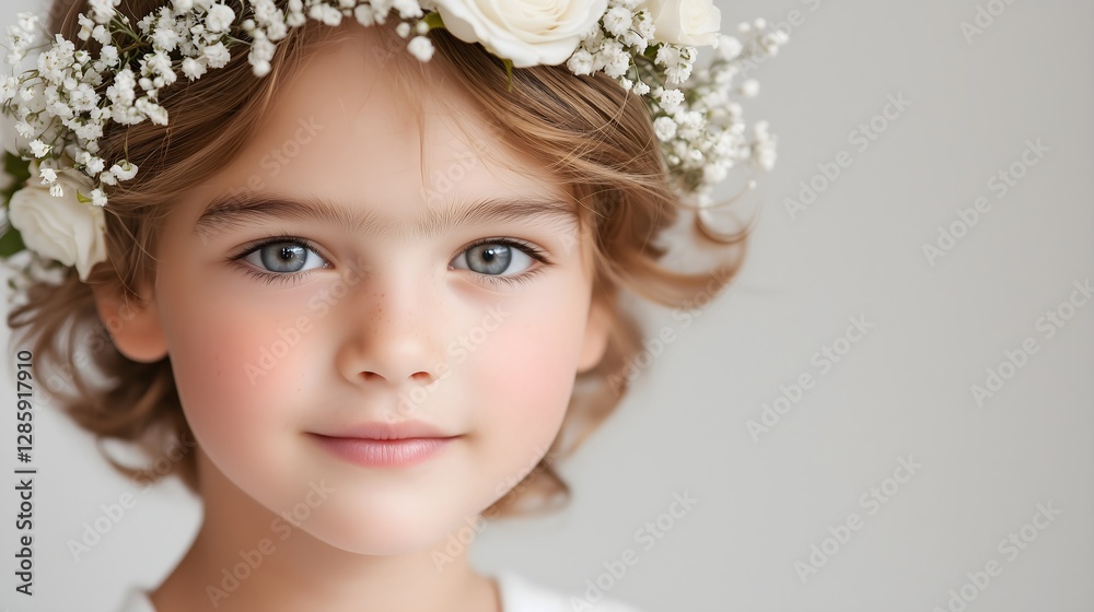 Child with blue eyes wearing white rose crown and baby breath flowers. Gentle portrait Angelic innocence. Spring, Easter, Harvest portrait. Horizontal banner, copy space. Horizontal banner, copy space Child with blue eyes wearing white rose crown and baby breath flowers. Gentle portrait Angelic innocence. Spring, Easter, Harvest portrait. Horizontal banner, copy space. Horizontal banner, copy space