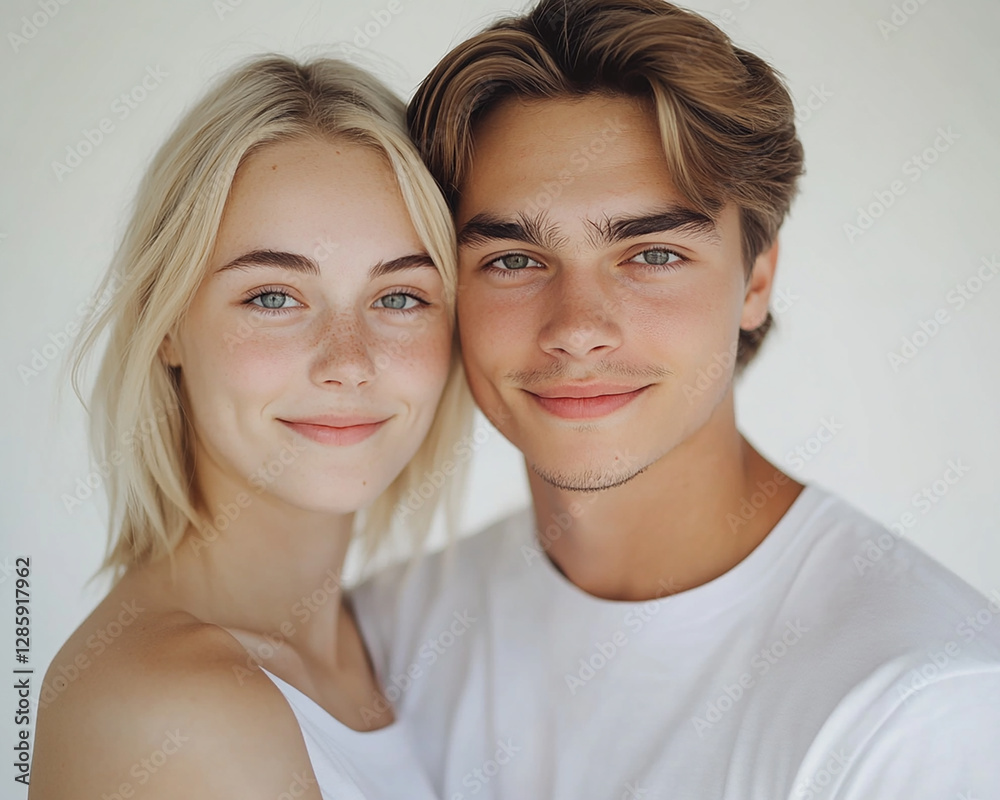 A couple hugging each other on a white background A couple hugging each other on a white background