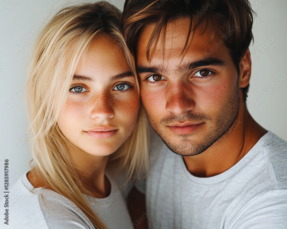 A couple hugging each other on a white background A couple hugging each other on a white background