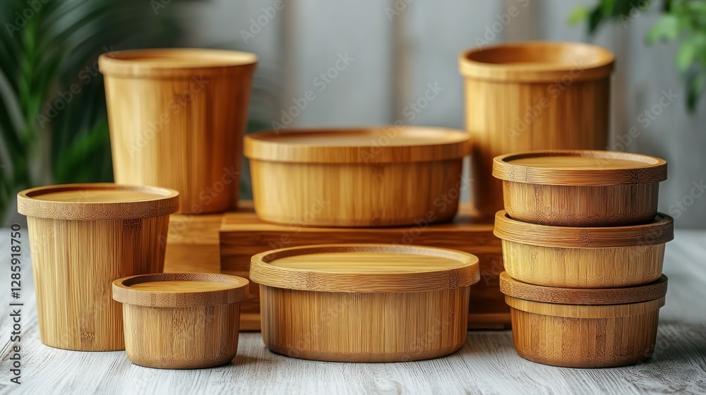 Bamboo food containers and cups, display on white surface, plants in background Bamboo food containers and cups, display on white surface, plants in background