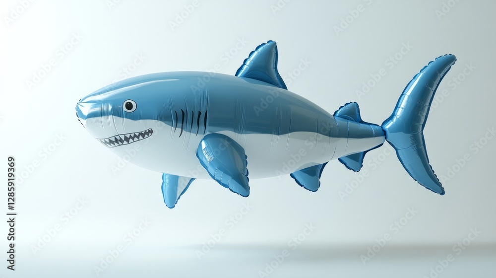 A 3D render of a balloon in the shape of a shark, grey with blue fins, floating against a white background with soft light casting shadows A 3D render of a balloon in the shape of a shark, grey with blue fins, floating against a white background with soft light casting shadows