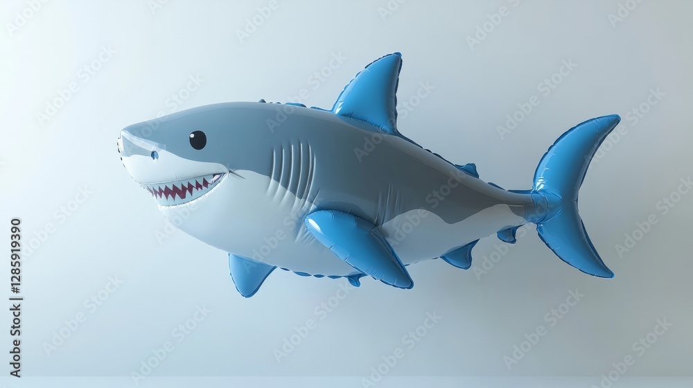 Fototapeta premium A 3D render of a balloon in the shape of a shark, grey with blue fins, floating against a white background with soft light casting shadows