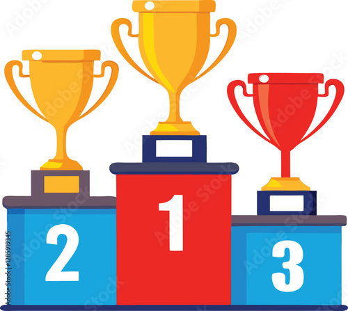 Winners podium with trophy cups