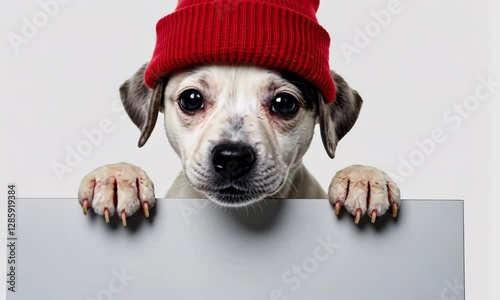 A cute dog wearing a red hat peeks over a blank sign against a white background.