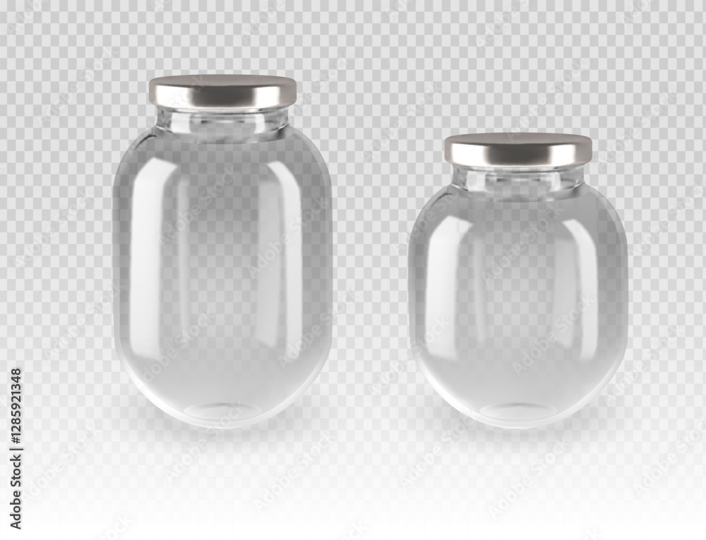 Two empty transparent glass jars with silver metal lids, isolated on a checkered background. Different sizes for kitchen storage, food preservation, and packaging. Ideal for pantry organization. Two empty transparent glass jars with silver metal lids, isolated on a checkered background. Different sizes for kitchen storage, food preservation, and packaging. Ideal for pantry organization.