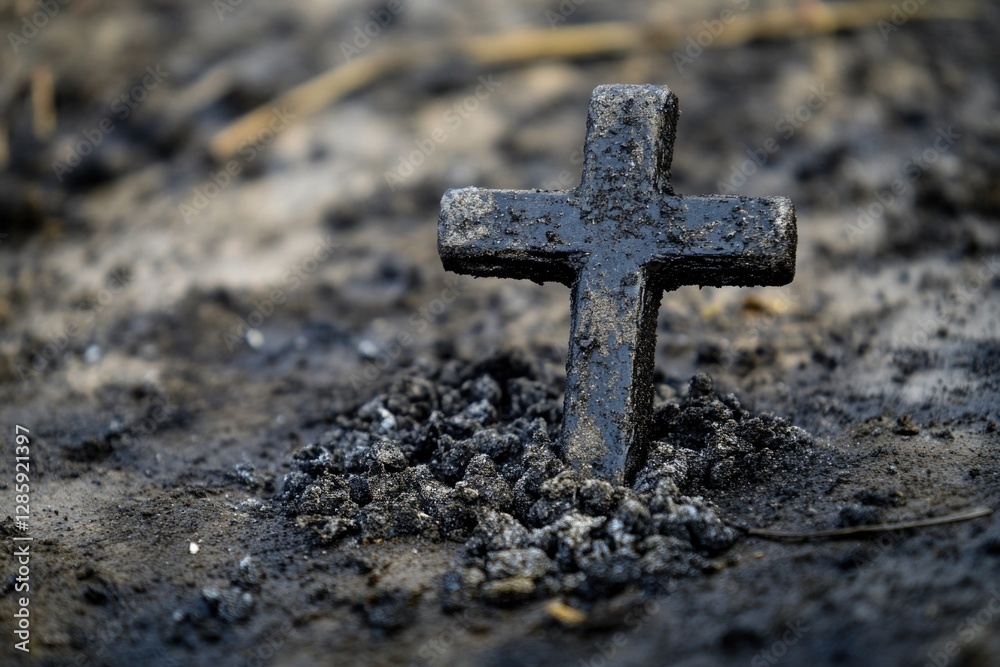 A wooden cross standing in the center of a dirt field, surrounded by nature A wooden cross standing in the center of a dirt field, surrounded by nature